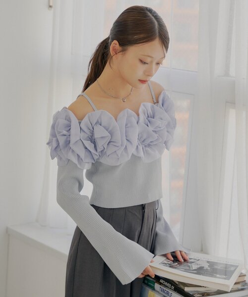 【t】orgue Choker frill knit オフショル フリル Choker frill knit【Black】