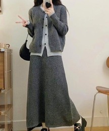 フェイクレイヤードニットトップス+スカートセットアップ