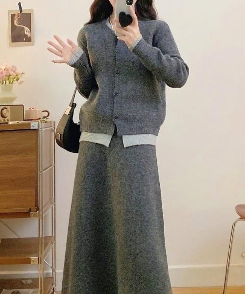 Aelina(エリナ)の「フェイクレイヤードニットトップス+スカートセットアップ(セットアップ・レディース・グレー/モカ・F)」の13枚目の写真