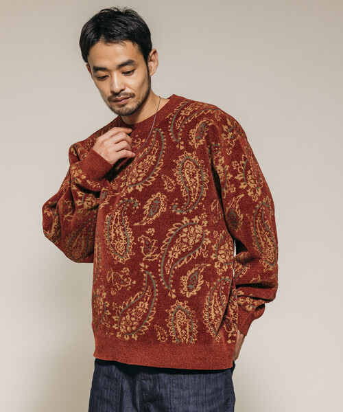 セール】ペイズリー総柄 モール糸 クルーネックニット/リラックス