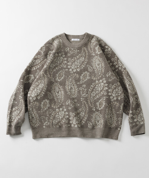 ペイズリー総柄 モール糸 クルーネックニット/リラックスフィット