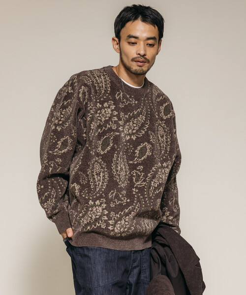 セール】ペイズリー総柄 モール糸 クルーネックニット/リラックス