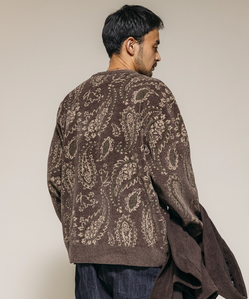 セール】ペイズリー総柄 モール糸 クルーネックニット/リラックス