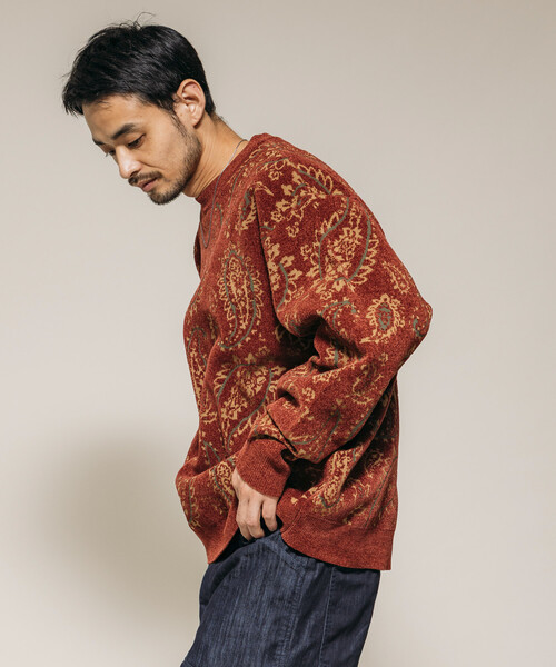 FREAK'S STORE(フリークスストア)の「ペイズリー総柄 モール糸 クルーネックニット/リラックスフィット(ニット/セーター・メンズ・オリーブ/ベージュ/ワインレッド・LARGE/MEDIUM)」の9枚目の写真