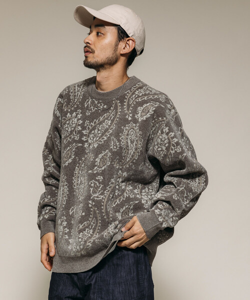 セール】ペイズリー総柄 モール糸 クルーネックニット/リラックス