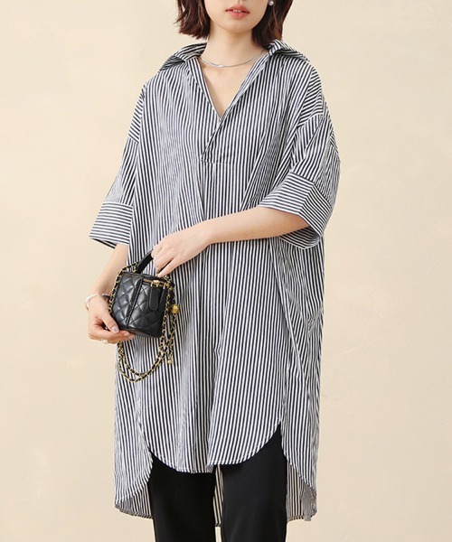 ReRe(リリ)の「ストライプ柄オーバーサイズシャツワンピース(シャツ/ブラウス・レディース・ブラック/ライトブルー/ブルー・FREE)」の1枚目の写真