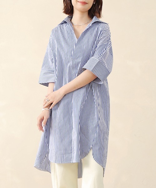 ReRe(リリ)の「ストライプ柄オーバーサイズシャツワンピース(シャツ/ブラウス・レディース・ブラック/ライトブルー/ブルー・FREE)」の4枚目の写真