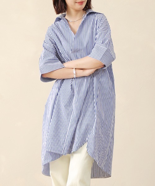 ReRe(リリ)の「ストライプ柄オーバーサイズシャツワンピース(シャツ/ブラウス・レディース・ブラック/ライトブルー/ブルー・FREE)」の5枚目の写真
