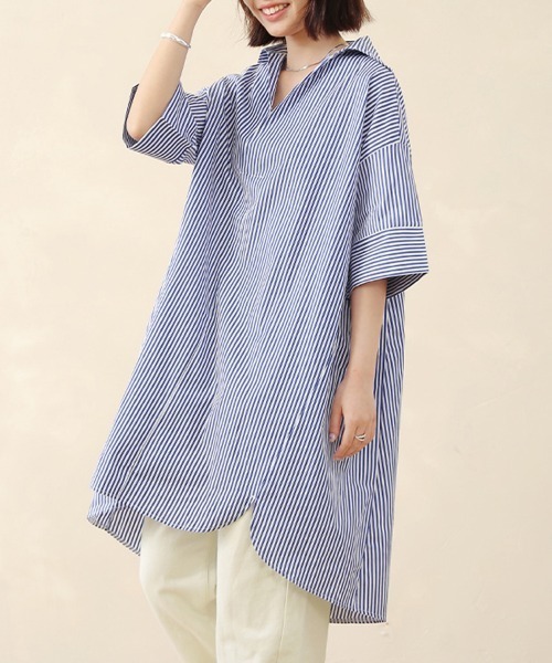 ReRe(リリ)の「ストライプ柄オーバーサイズシャツワンピース(シャツ/ブラウス・レディース・ブラック/ライトブルー/ブルー・FREE)」の6枚目の写真