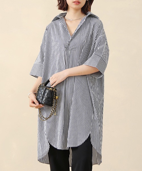 ReRe(リリ)の「ストライプ柄オーバーサイズシャツワンピース(シャツ/ブラウス・レディース・ブラック/ライトブルー/ブルー・FREE)」の12枚目の写真