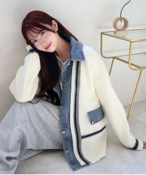 CECIL McBEE(セシルマクビー)の「デニム使いニットカーディガン(カーディガン/ボレロ・レディース・アイボリー/ブラック・MEDIUM)」の1枚目の写真