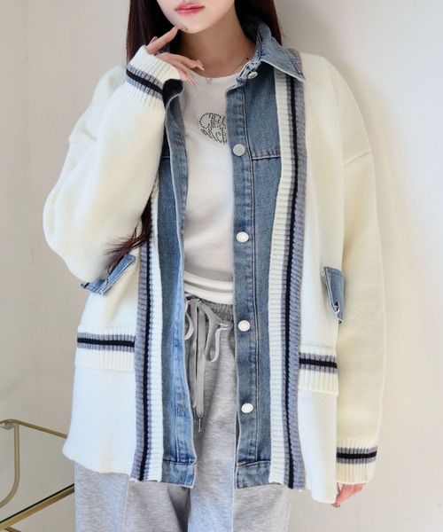 CECIL McBEE(セシルマクビー)の「デニム使いニットカーディガン(カーディガン/ボレロ・レディース・アイボリー/ブラック・MEDIUM)」の3枚目の写真