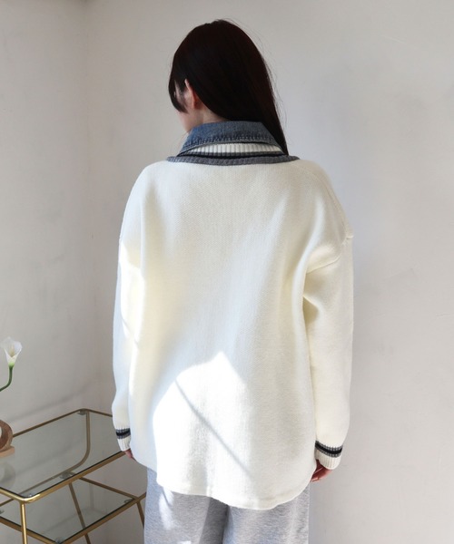 CECIL McBEE(セシルマクビー)の「デニム使いニットカーディガン(カーディガン/ボレロ・レディース・アイボリー/ブラック・MEDIUM)」の5枚目の写真