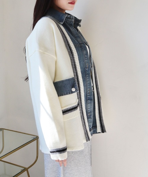 CECIL McBEE(セシルマクビー)の「デニム使いニットカーディガン(カーディガン/ボレロ・レディース・アイボリー/ブラック・MEDIUM)」の6枚目の写真