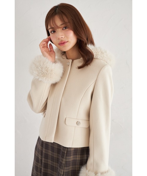 セール】取り外し可能なファー付きビジュー装飾ショートコート