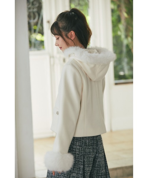 セール】取り外し可能なファー付きビジュー装飾ショートコート