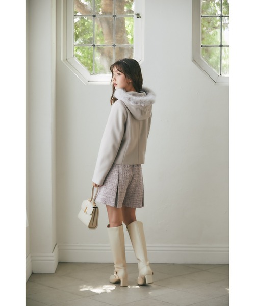 セール】取り外し可能なファー付きビジュー装飾ショートコート