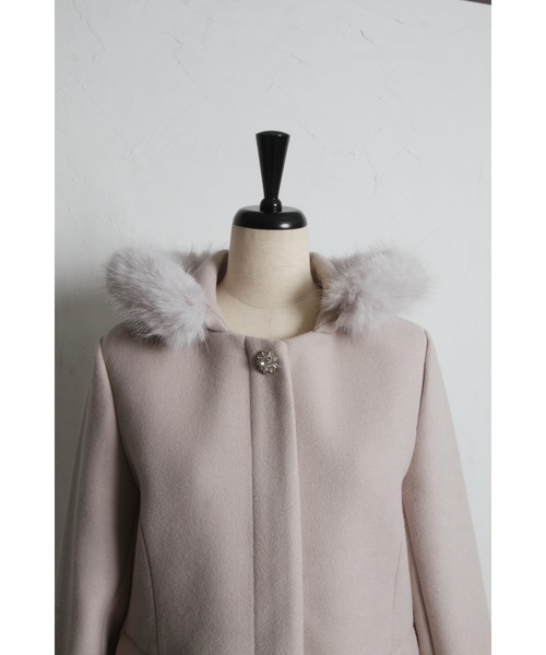 セール】取り外し可能なファー付きビジュー装飾ショートコート