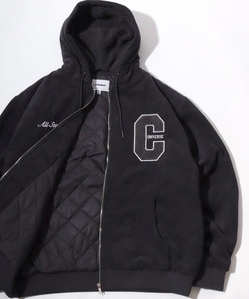 CONVERSE（コンバース）の「2025AW CONVERSE /コンバース コーデュロイ フード裏ボア 薄中綿キルティング サガラ刺繍 ジップアップフーディーブルゾン レディース メンズフ ルジップパーカー（ブルゾン・メンズ・アイボリー/チャコール・M/L/LL）」の2枚目の写真