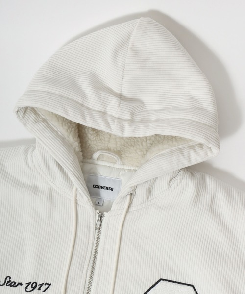 CONVERSE（コンバース）の「2025AW CONVERSE /コンバース コーデュロイ フード裏ボア 薄中綿キルティング サガラ刺繍 ジップアップフーディーブルゾン レディース メンズフ ルジップパーカー（ブルゾン・メンズ・アイボリー/チャコール・M/L/LL）」の7枚目の写真
