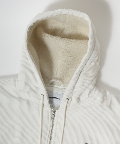 CONVERSE（コンバース）の「2025AW CONVERSE /コンバース コーデュロイ フード裏ボア 薄中綿キルティング サガラ刺繍 ジップアップフーディーブルゾン レディース メンズフ ルジップパーカー（ブルゾン・メンズ・アイボリー/チャコール・M/L/LL）」の8枚目の写真