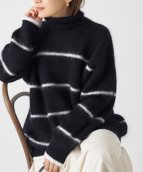 セール】モヘヤミックスボーダーハイネックプルオーバー（ニット