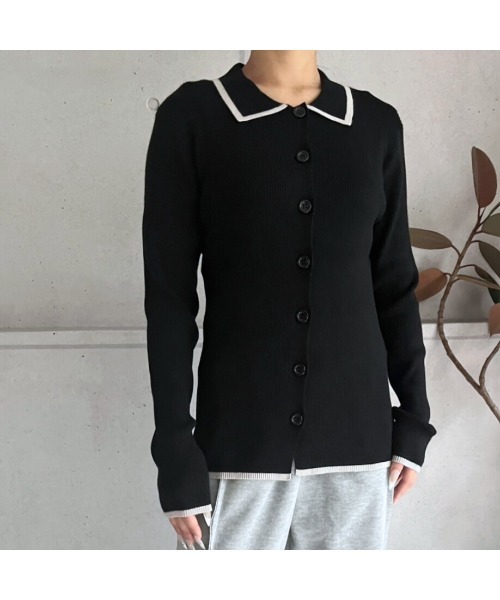 amini（アミニ）の「配色リブニットポロ衿カーディガン（Tシャツ/カットソー・レディース・アイボリー/ブラック/グレー・MEDIUM）」の2枚目の写真