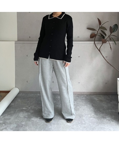 amini（アミニ）の「配色リブニットポロ衿カーディガン（Tシャツ/カットソー・レディース・アイボリー/ブラック/グレー・MEDIUM）」の4枚目の写真