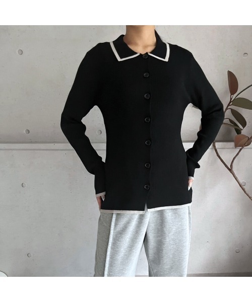 amini（アミニ）の「配色リブニットポロ衿カーディガン（Tシャツ/カットソー・レディース・アイボリー/ブラック/グレー・MEDIUM）」の5枚目の写真