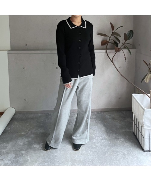 amini（アミニ）の「配色リブニットポロ衿カーディガン（Tシャツ/カットソー・レディース・アイボリー/ブラック/グレー・MEDIUM）」の6枚目の写真