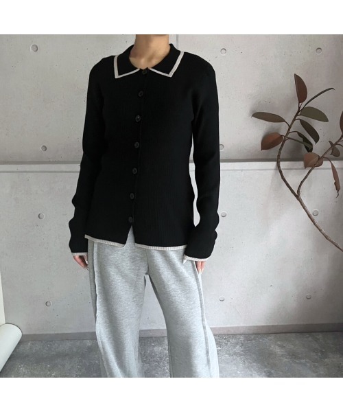 amini（アミニ）の「配色リブニットポロ衿カーディガン（Tシャツ/カットソー・レディース・アイボリー/ブラック/グレー・MEDIUM）」の7枚目の写真