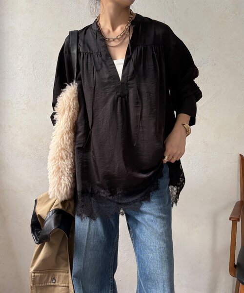 DouDou(ドゥドゥ)の「レース切替チュニック(シャツ/ブラウス・レディース・ボルドー/ブラック/オフホワイト・FREE)」の4枚目の写真