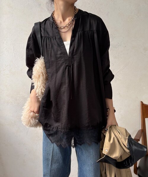 DouDou(ドゥドゥ)の「レース切替チュニック(シャツ/ブラウス・レディース・ボルドー/ブラック/オフホワイト・FREE)」の5枚目の写真