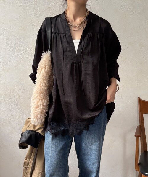 DouDou(ドゥドゥ)の「レース切替チュニック(シャツ/ブラウス・レディース・ボルドー/ブラック/オフホワイト・FREE)」の6枚目の写真