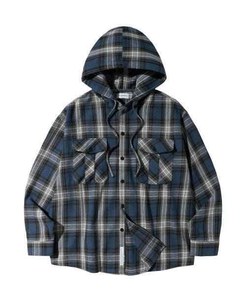 F.ILLUMINATE(フィルミネイト)の「クロスチェックフードシャツ-ネイビー(シャツ/ブラウス・レディース・その他・SMALL/MEDIUM/LARGE)」の1枚目の写真