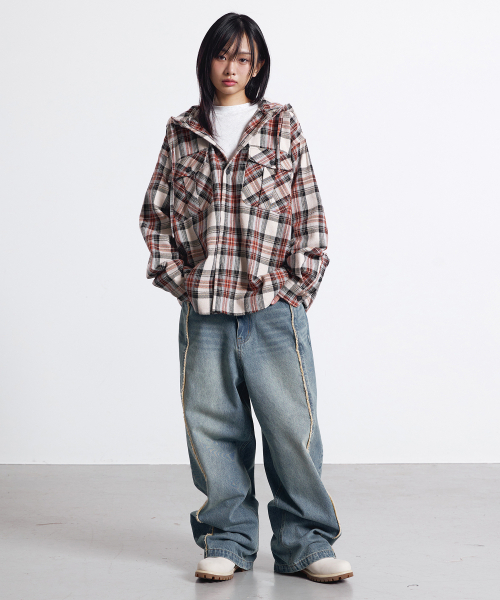 F.ILLUMINATE(フィルミネイト)の「クロスチェックフードシャツ-ネイビー(シャツ/ブラウス・レディース・その他・SMALL/MEDIUM/LARGE)」の5枚目の写真