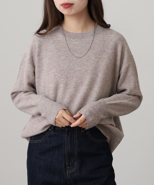 EGLANTINE(エグランティーヌ)の「EGLANTINE ウール100%スパンコールボーダーニット(ニット/セーター・レディース・オフホワイト/ベージュ/ブラック・38)」の3枚目の写真
