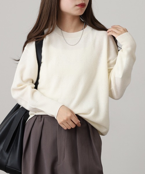 EGLANTINE(エグランティーヌ)の「EGLANTINE ウール100%スパンコールボーダーニット(ニット/セーター・レディース・オフホワイト/ベージュ/ブラック・38)」の18枚目の写真