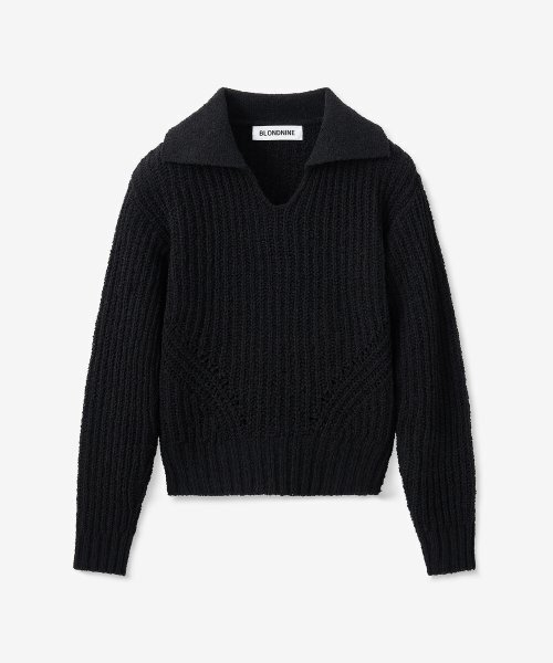 BLOND9(ブロンドナイン)の「ボリュームオープンカラー boucleニット_ブラック(ニット/セーター・レディース・その他・MEDIUM/SMALL)」の1枚目の写真