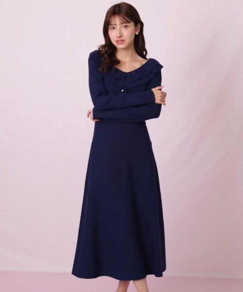美品♡2023年♡ルネ パール フリル ニットワンピース ネイビー 38 ◇フリル襟バイカラーニットワンピース（ワンピース）｜JILL by JILL