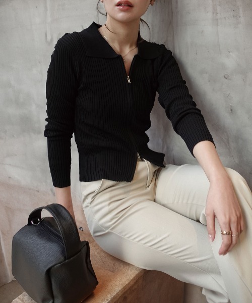 CORNERS（コーナーズ）の「【2026ss】ダブルジップリブポロニットカーディガン（ニット/セーター・レディース・ホワイト/ブラック/ブルー・FREE）」の2枚目の写真