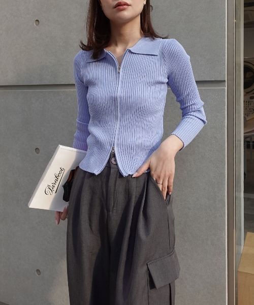 CORNERS（コーナーズ）の「【2026ss】ダブルジップリブポロニットカーディガン（ニット/セーター・レディース・ホワイト/ブラック/ブルー・FREE）」の4枚目の写真