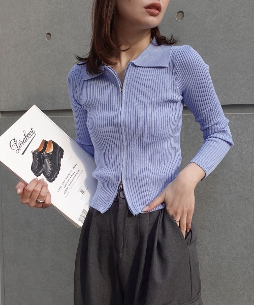 CORNERS（コーナーズ）の「【2026ss】ダブルジップリブポロニットカーディガン（ニット/セーター・レディース・ホワイト/ブラック/ブルー・FREE）」の5枚目の写真