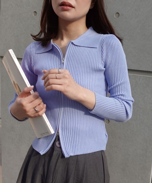 CORNERS（コーナーズ）の「【2026ss】ダブルジップリブポロニットカーディガン（ニット/セーター・レディース・ホワイト/ブラック/ブルー・FREE）」の6枚目の写真