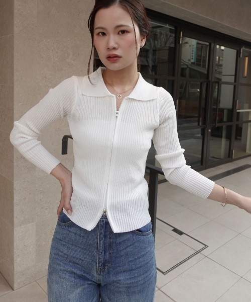 CORNERS（コーナーズ）の「【2026ss】ダブルジップリブポロニットカーディガン（ニット/セーター・レディース・ホワイト/ブラック/ブルー・FREE）」の14枚目の写真