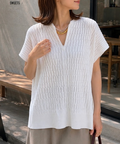 Emma Taylor(エマテイラー)の「【家庭洗濯可!】フロント2wayジオメトリックジャガードスリーブレスプルオーバー(Tシャツ/カットソー・レディース・ネイビー/ホワイト/ブラック/チャコールグレー・FREE)」の22枚目の写真