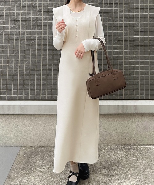 junoah(ジュノア)の「リネン混ニュアンスフリルワンピース【一部ぺチスカートセット】(ワンピース・レディース・アイボリー/ダークブラウン/ブラック・LARGE/MEDIUM/SMALL)」の1枚目の写真