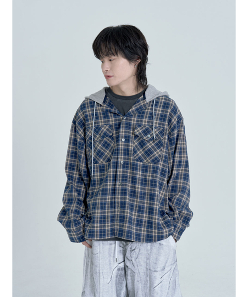 INEXCIS(イネクシス)の「エンバーチェックフードシャツ (ネイビー)(シャツ/ブラウス・メンズ・その他・FREE)」の1枚目の写真