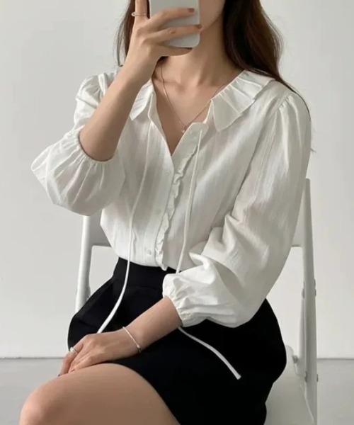 セール】【春夏新作】センターフリルパフスリーブブラウス（シャツ
