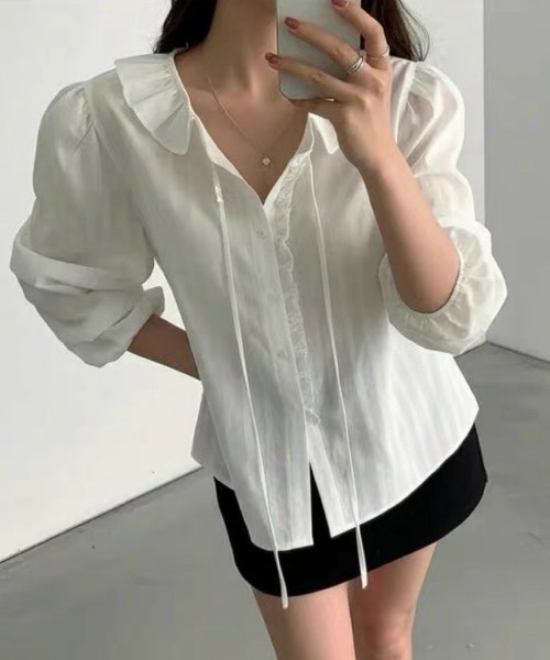 セール】【春夏新作】センターフリルパフスリーブブラウス（シャツ